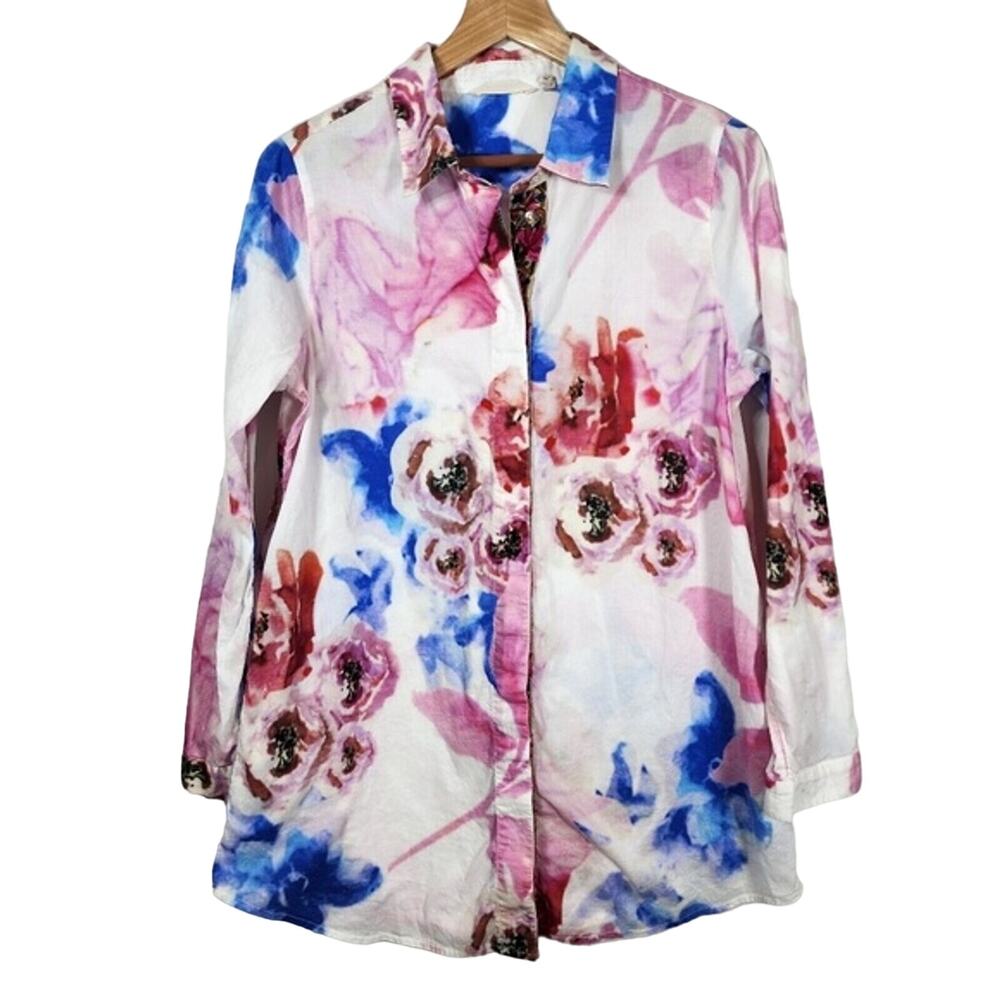 Soft Surroundings Aquarelle Embroidered Watercolor Button Up Shirt Size Large
